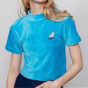 Lazy Oaf blue velvet cropped T-shirt XS